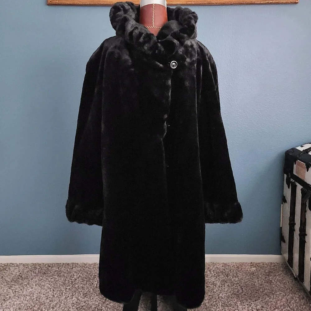 ALPINE STUDIO ~ Black Faux Mink Coat with Hood ~ XL ~ 38” L - Picture 4 of 16